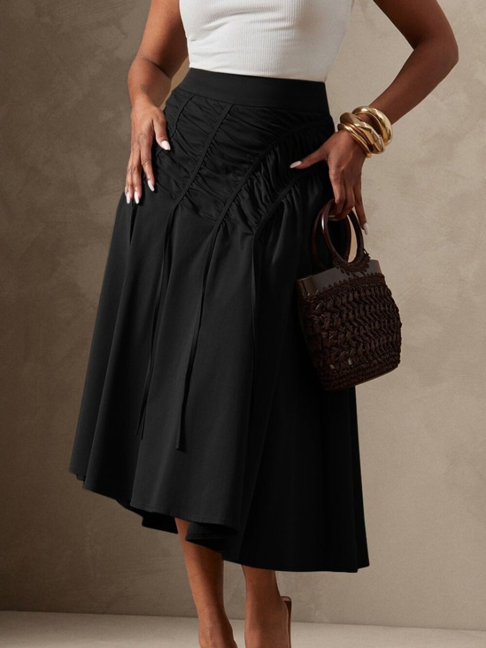 Black Casual Women's Lightweight Woven Gathered High Waist Midi Skirt